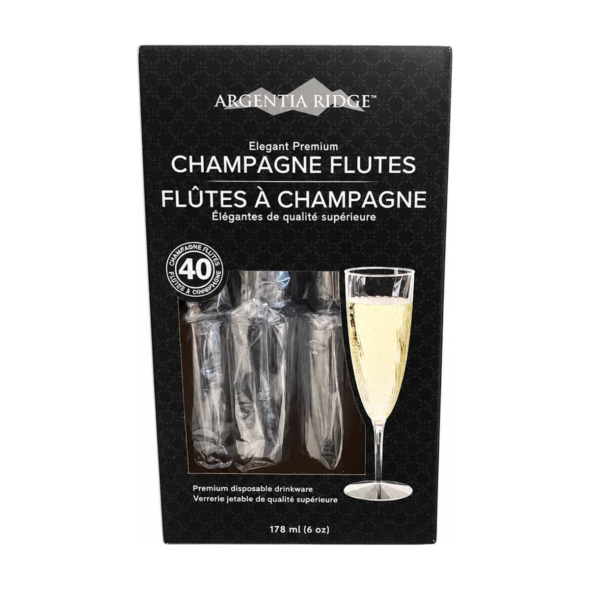 Box of forty clear plastic champagne flutes
