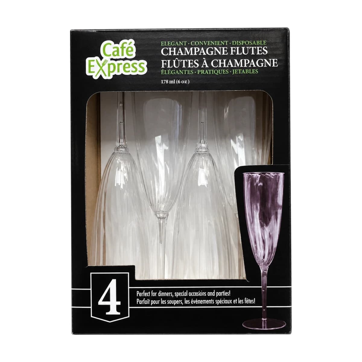 Clear Plastic Champagne Flutes, 6 oz, 4 Pack