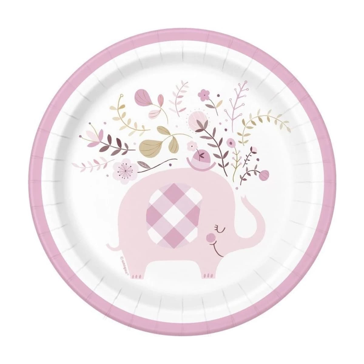 7" Pink Floral Elephant Paper Plates, 8 Pack