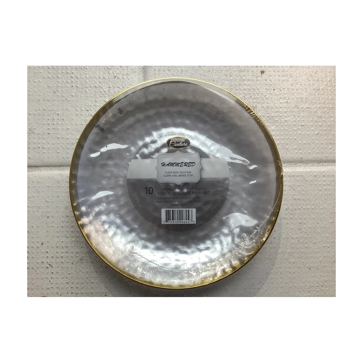 7” Premium Plastic Plate - Clear Hammered With Gold Rim 10ct