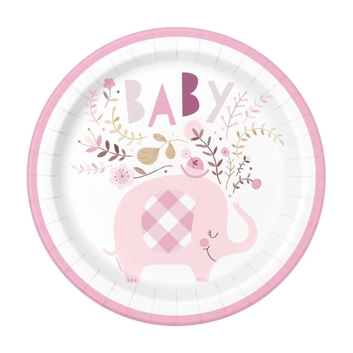 9" Pink Floral Elephant Baby Paper Plates, 8 Pack