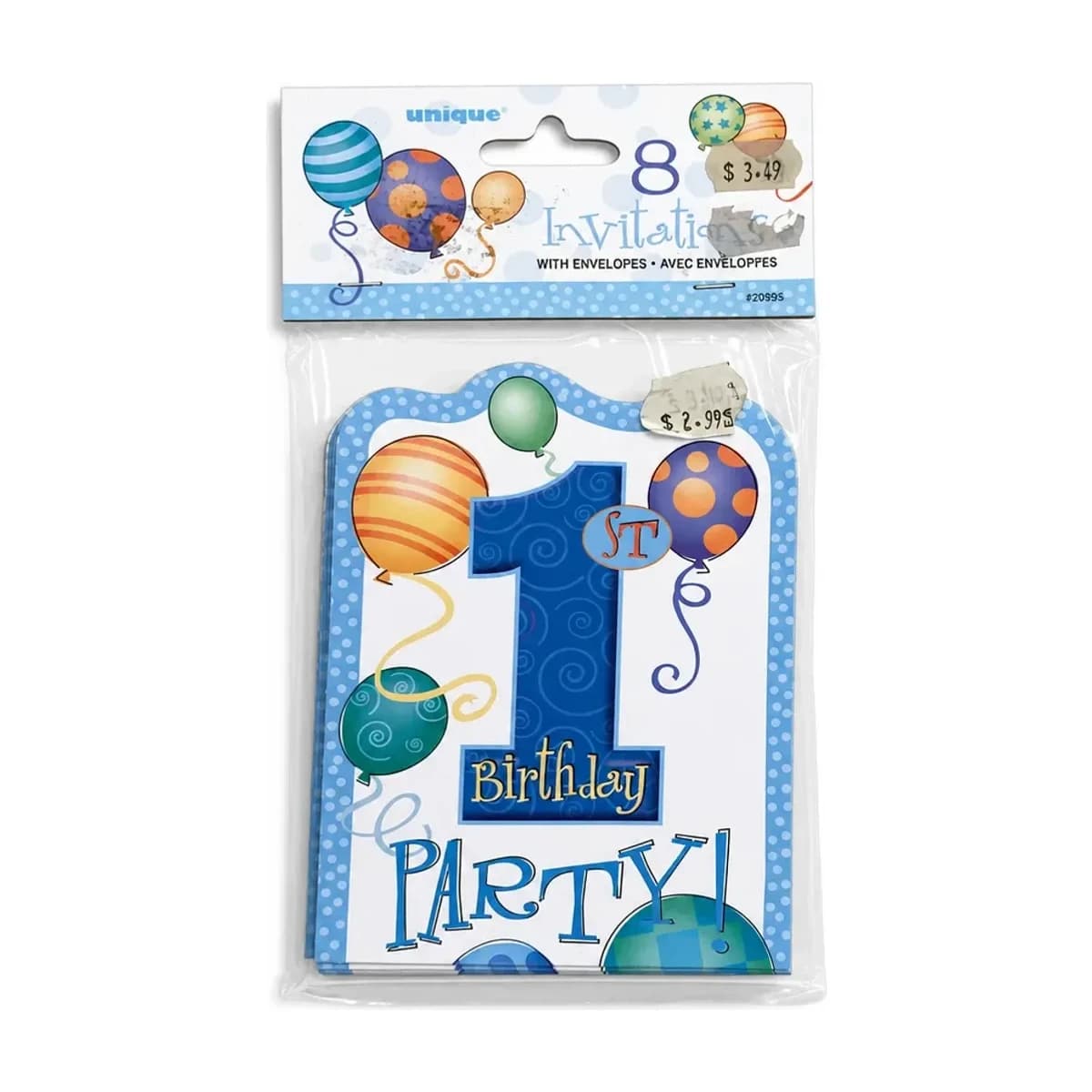 Blue 1st Birthday Party Invitations, 8 Pack