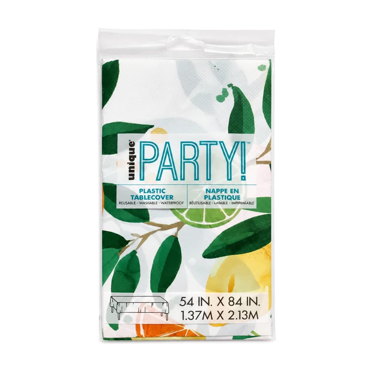 White plastic table cover printed with green leaves and citrus fruit, 54 by 84 inches