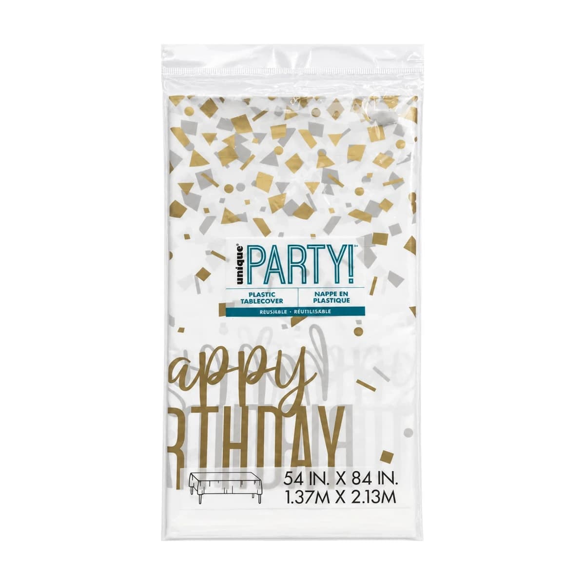 Happy Birthday Table Cover, White and Gold, 54 x 84 in