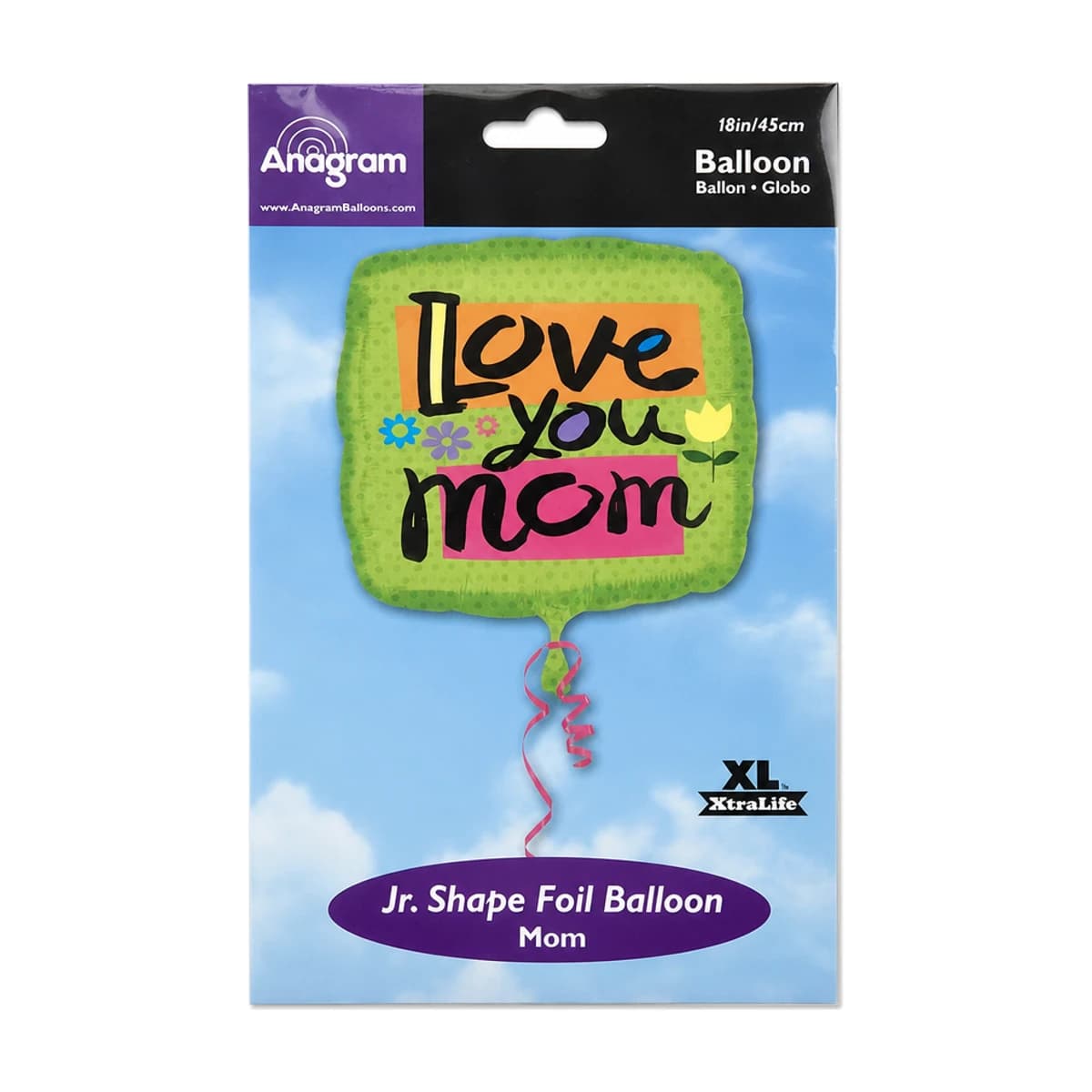 18" Foil Balloon - Love You Mom, Green Square