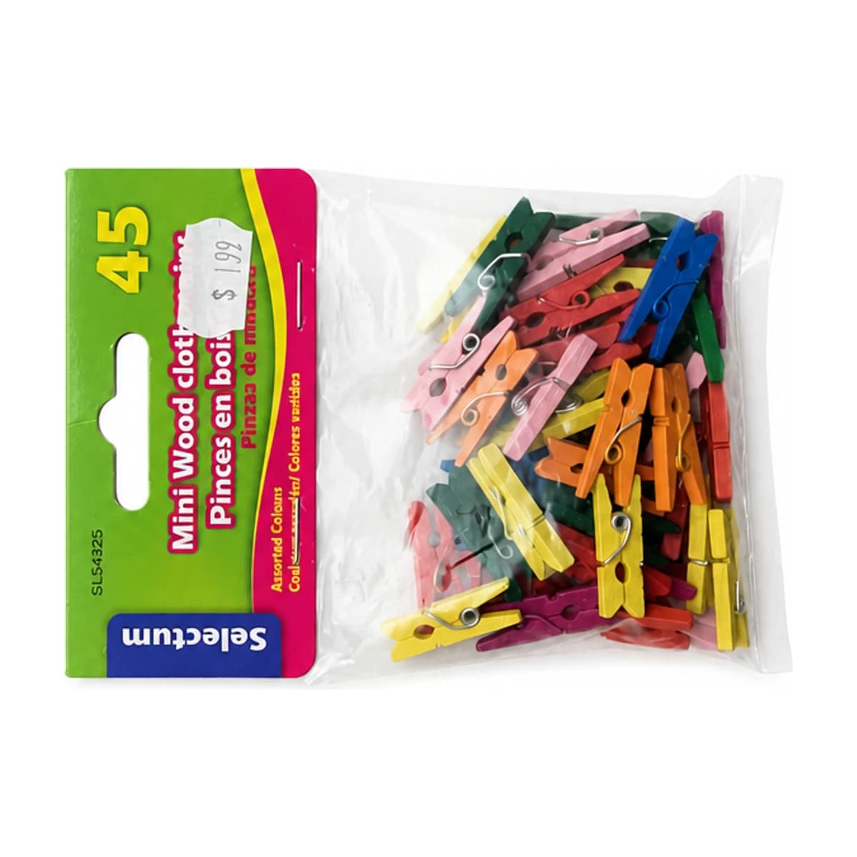 Mini Wood Clothespins, Assorted Colours 45 Pack