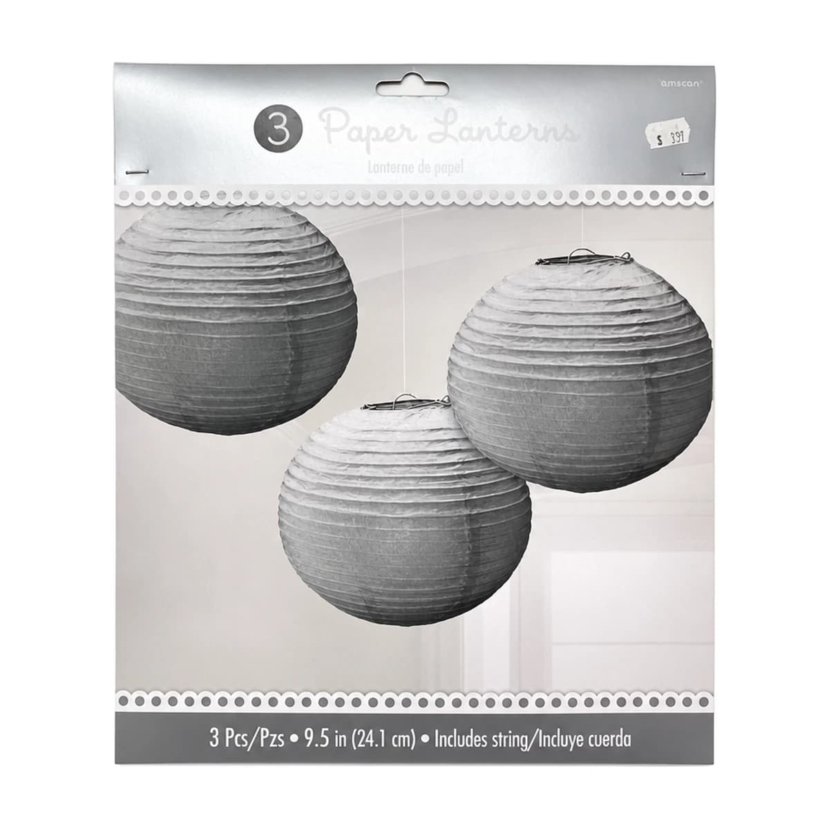 Silver Paper Lanterns, 3 Pack 9.5 in