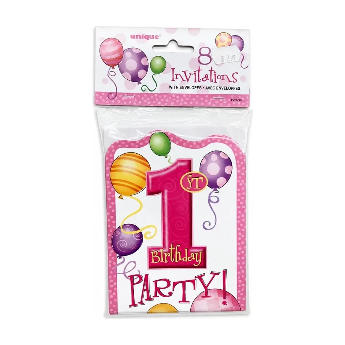 Pink 1st Birthday Party Invitations, 8 Pack