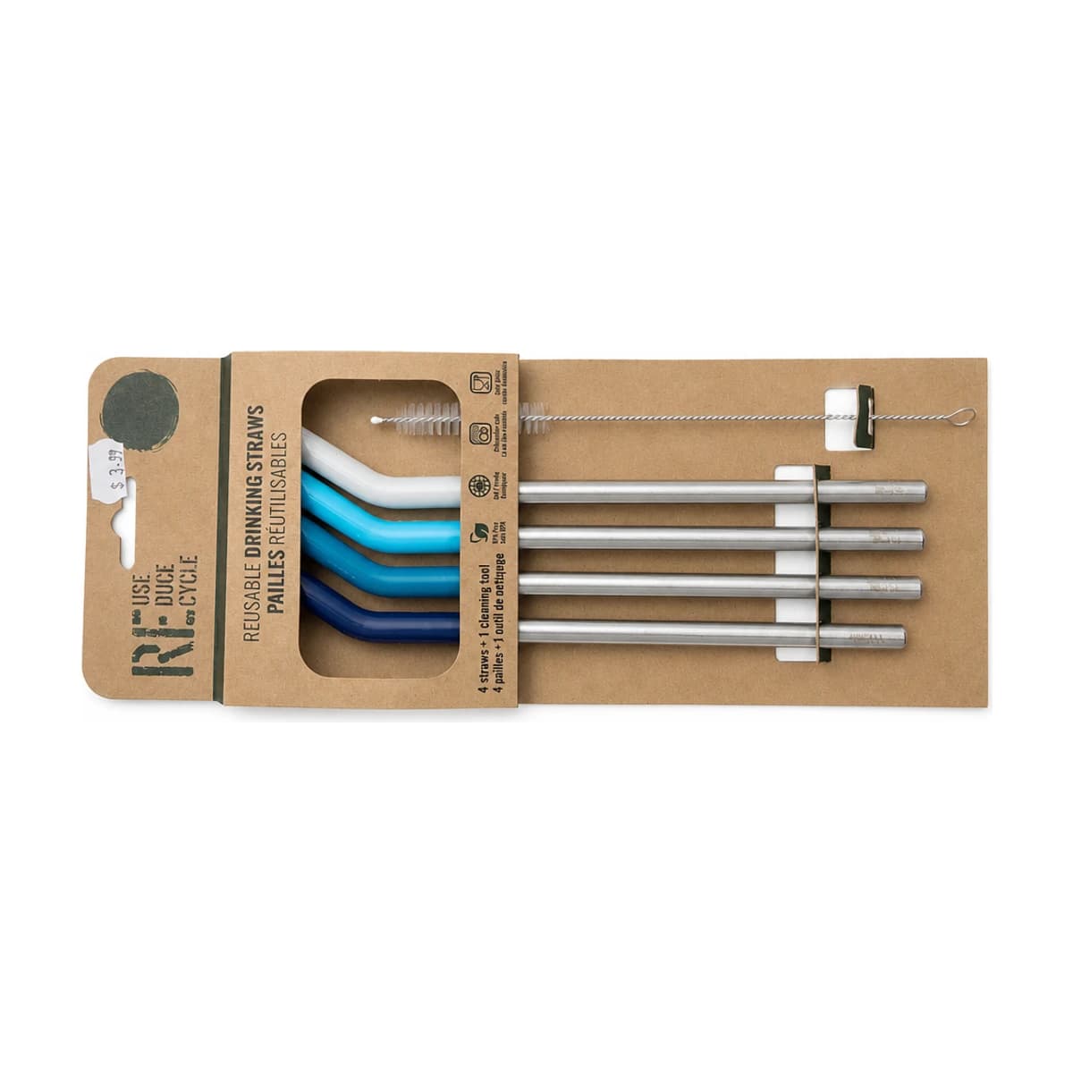 Reusable Stainless Steel Straws with Cleaning Brush, 4 Pack