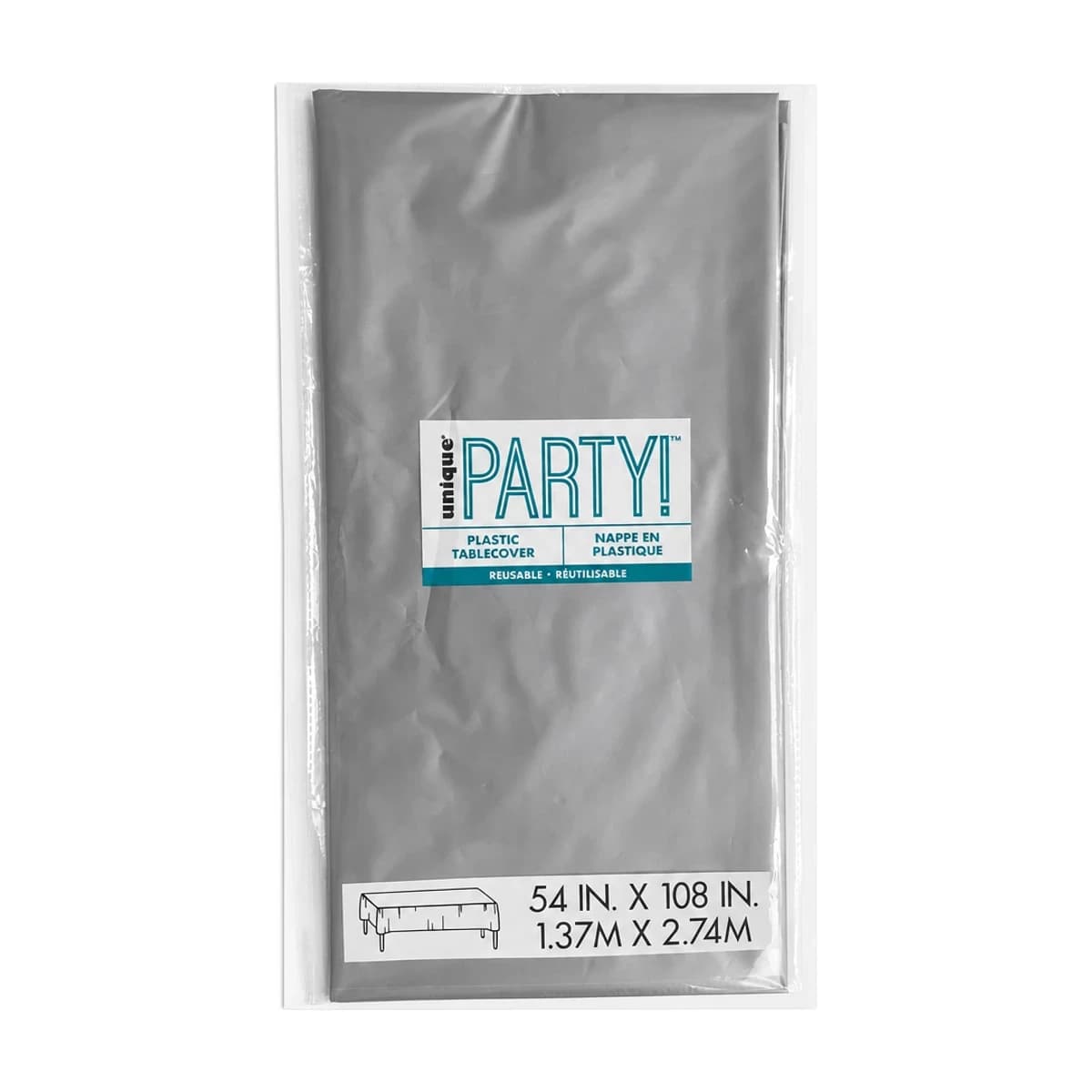 Silver Plastic Table Cover, 54 x 108 in